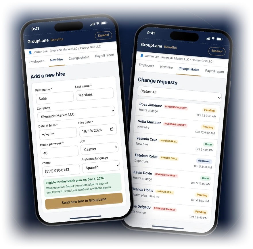 My GroupLane on two phones: an Add a new hire form on the left, and a Change requests list showing the status of each request on the right.